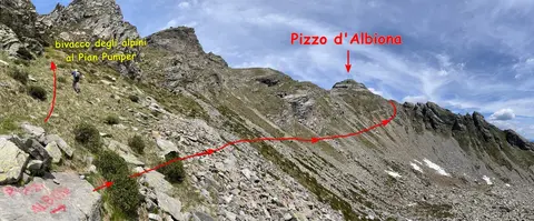 Il percorso verso il pizzo d'Albiona segnato in rosso
