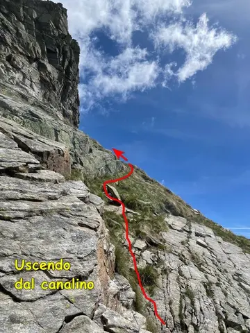 La salita al canalino segnata in rosso